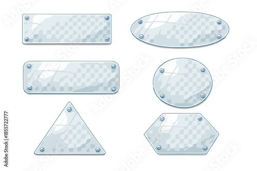 Collection of transparent glass plates with fasteners on a grey background