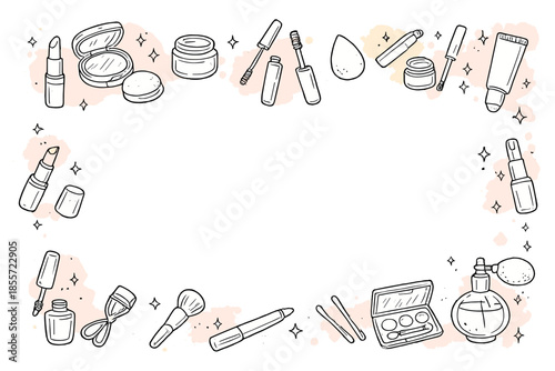 Cosmetic frame with makeup items and sparkles