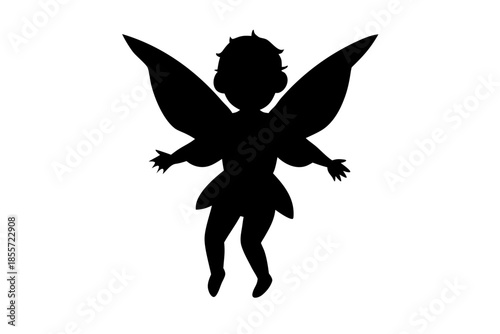 Silhouette of a cute fairy with wings outstretched black Vector, baby fairy silhouette art, fairy black symbol