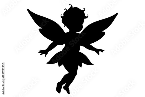 Silhouette of a cute fairy with wings outstretched black Vector, baby fairy silhouette art, fairy black symbol