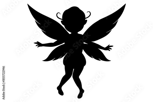 Silhouette of a cute fairy with wings outstretched black Vector, baby fairy silhouette art, fairy black symbol
