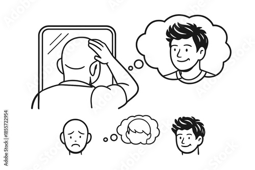 Bald man looking in mirror and imagining himself with hair