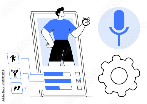 Fitness tracking, mobile technology, voice commands, app functionality, exercise monitoring, digital health. Person on phone screen, activity icons microphone gear symbol. Fitness tracking