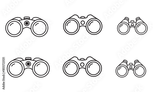 A collection of six minimalistic binoculars icons in line art style for web and graphic design.