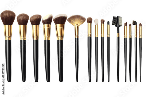 Professional makeup brush set with black handles and gold ferrules