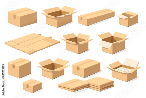 Collection of cardboard boxes and packaging materials