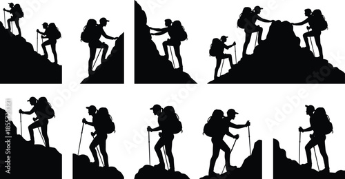 Hiker silhouette illustration set, hiking climbing trekking vector, outdoor adventure artwork, teamwork design, mountain exploration artwork