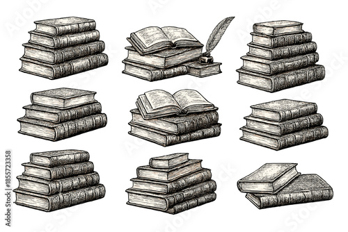 Vintage Books Stacked with Quill and Inkwell