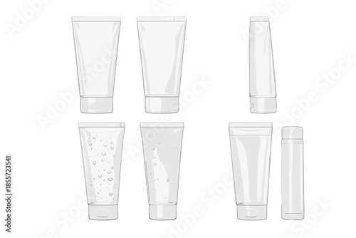 Collection of empty translucent cosmetic tubes and bottles