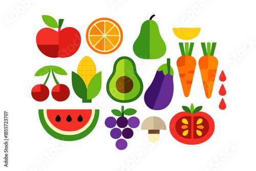 Flat Style Fruits and Vegetables with Neon Glow