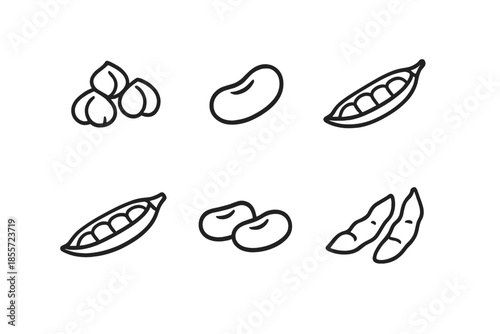 Six icons of beans and peas on a gray background