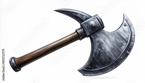 Rendered metal battle axe with curved blade and wooden handle on white