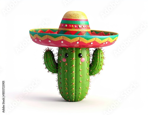 Cute cartoon cactus with a sombrero, smiling, on a white background