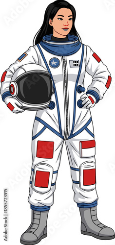 Female astronaut character illustration in white space suit holding helmet, professional woman explorer ready for space mission, isolated on white
