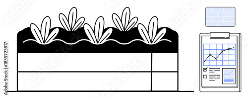 Agriculture, sustainability, analytics, crop management, eco-friendly farming, productivity. Raised bed crops with leaves and a data analysis chart for farming performance. Agriculture