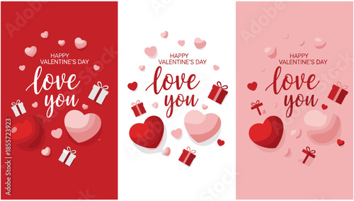 Happy Valentine Day vertical banners with red hearts, gift boxes and love you lettering, romantic holiday social media background