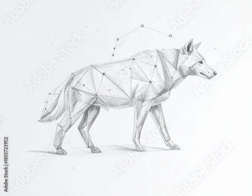 Graphite drawing of a wolf, partially geometric, with star-like points