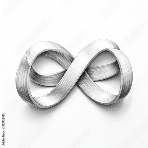 Gray and white infinity symbol. Three-dimensional, looped, and metallic look