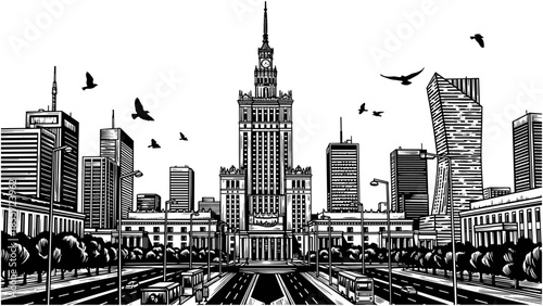 Warsaw city skyline vector illustration, Palace of Culture and Science, Poland landmark architecture, urban cityscape with birds and modern buildings