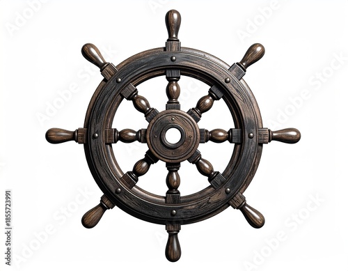 Wooden, detailed ship steering wheel, isolated on white background
