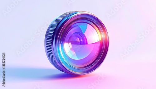 A glossy camera lens with chromatic light refraction
