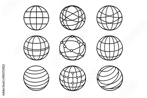 Set of nine globe icons with various wireframe patterns