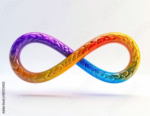 Rendered, rainbow-colored infinity symbol with a braided texture, white background