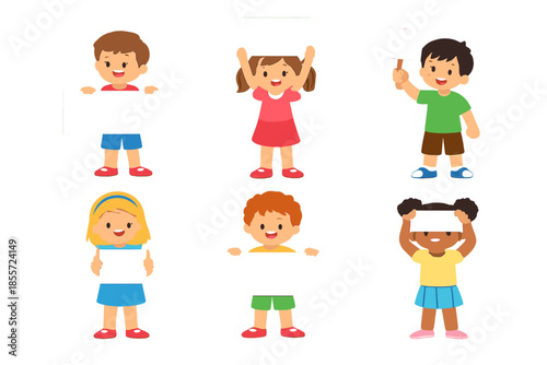 Six Diverse Cartoon Children Holding Blank Signs