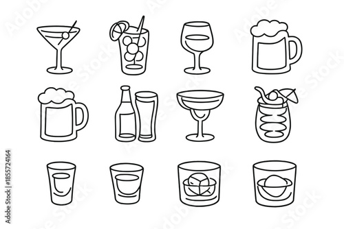 Icons of alcoholic and non-alcoholic beverages in glasses and mugs