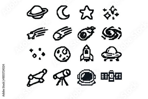 Pixelated Space Icons on Dark Background