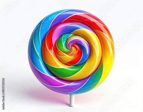 Vivid, swirled lollipop, spiraling rainbow colors, glossy finish, white stick