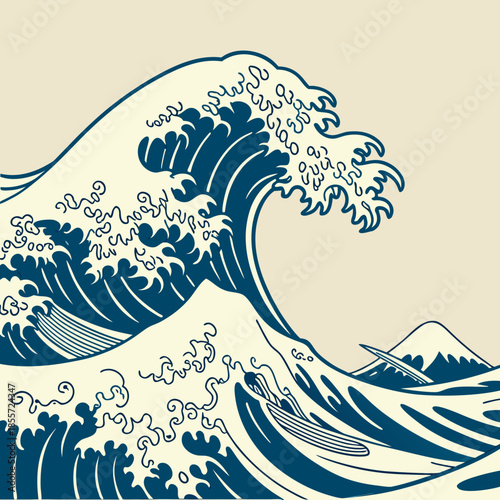 Japanese wave pattern background inspired by ukiyo-e art, soft blue tones