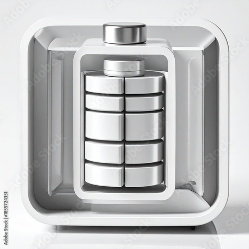 Abstract white device featuring stacked cylinders within a squared frame