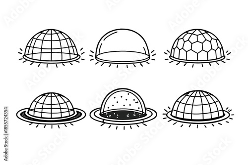 Six different geodesic domes and domed structures in a graphic style