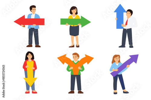 People holding directional arrows indicating different paths