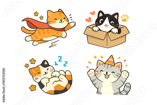 Cute cartoon cats with party hats and super powers