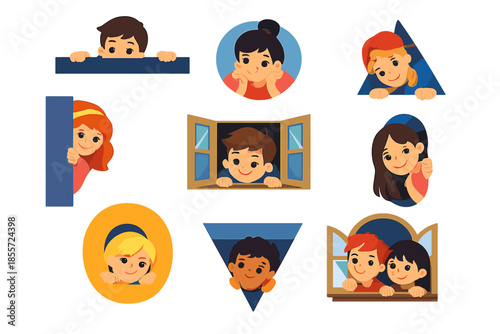 Children peeking from windows and shapes