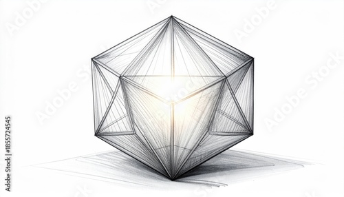 Transparent geometric shape with light source, on white background
