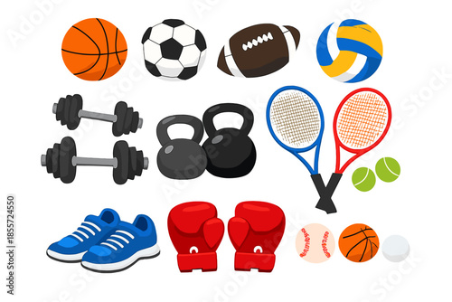Collection of sports equipment and fitness gear