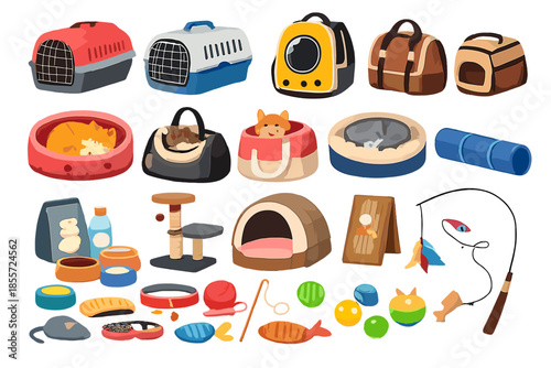 Collection of cute cartoon pet supplies and toys