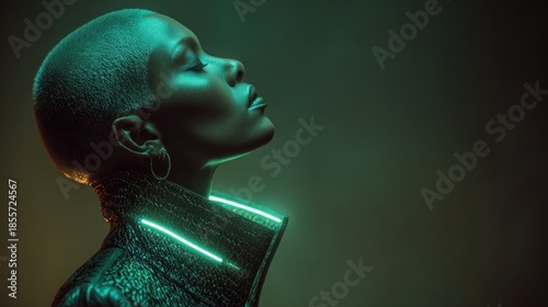 Profile of a woman with a buzzcut and neon collar, eyes closed