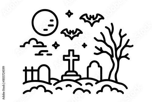 Spooky Halloween graveyard scene with moon and bats