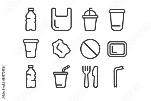 Collection of plastic waste icons on a gray background