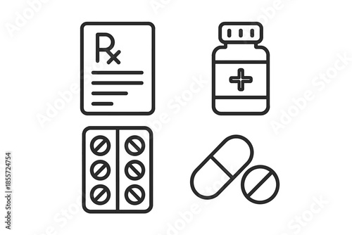 Medical Icons - Prescription, Pill Bottle, Pills, and Tablets
