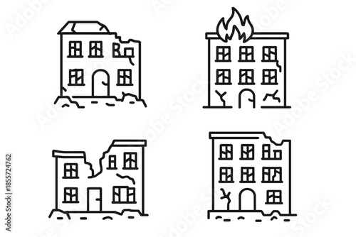 Set of four linear icons representing damaged buildings