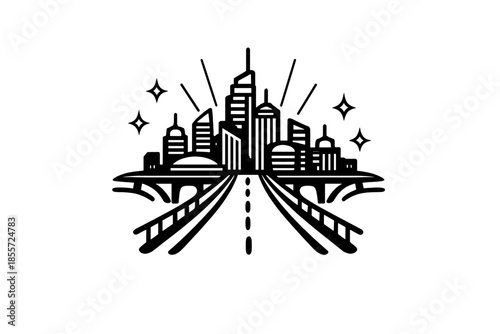 Futuristic city skyline illustration with road leading to it