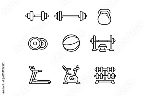Set of gym equipment icons on a dark background