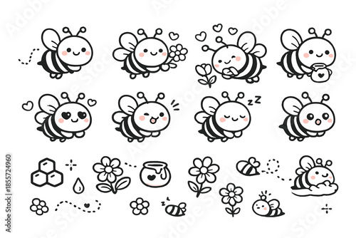 Cute Kawaii Bees and Honeycomb Elements