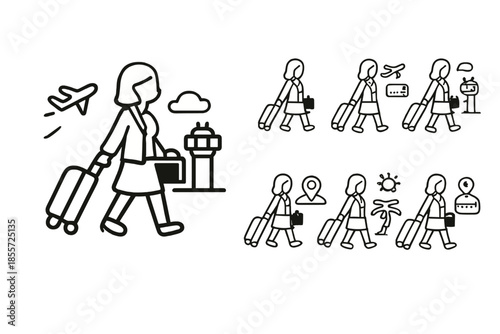 Woman traveling with luggage and airport icons
