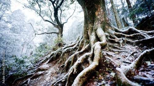 Intricate exposed tree roots covered in soft snow in a weathered forest landscape